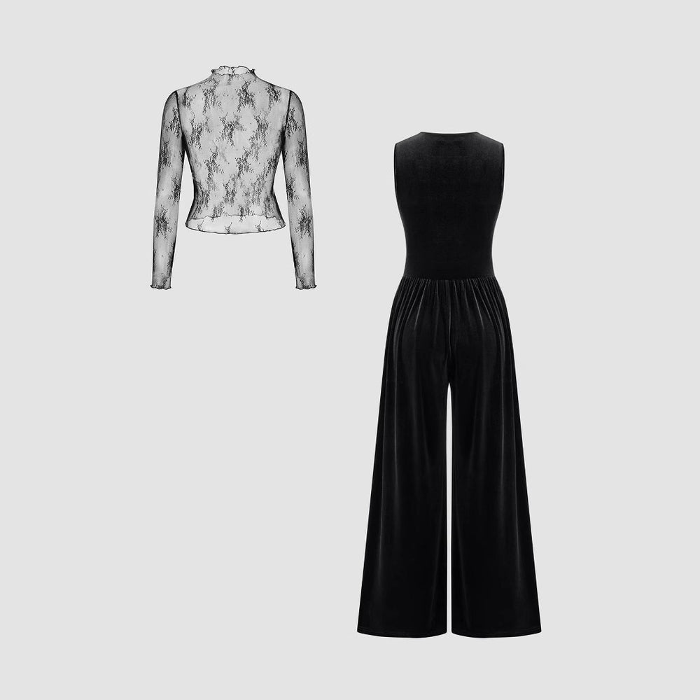 Damen elegante Spitzenbluse mit schmalem Schnitt und weitem Hosenanzug R&B