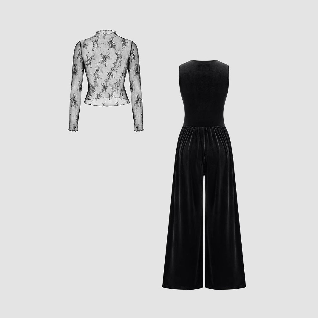Damen elegante Spitzenbluse mit schmalem Schnitt und weitem Hosenanzug R&B