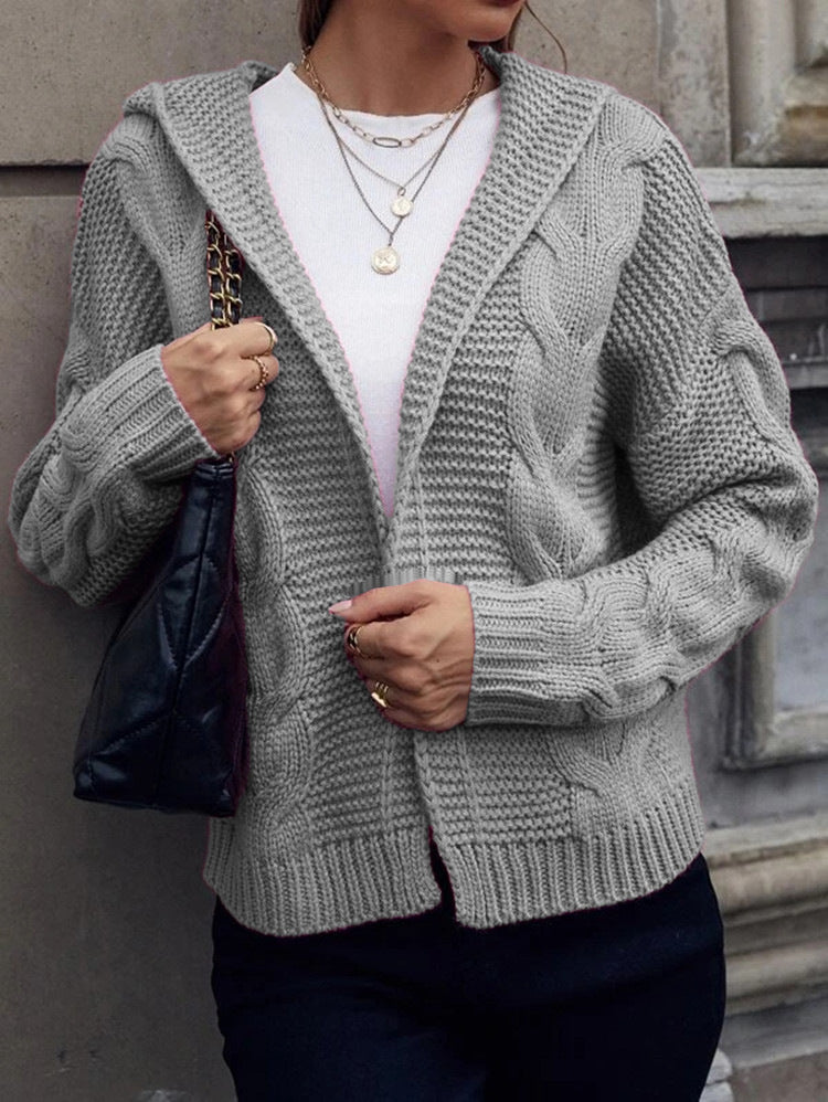 Damen Strickjacke mit Kapuze und dekorativem Kabelmuster R&B