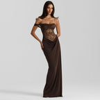 Damen Off-Shoulder Abendkleid mit raffinierten Spitzen-Applikationen und fließendem Material R&B
