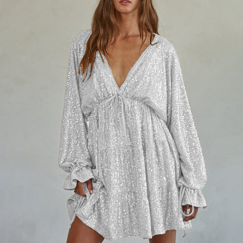 Damen Funkelndes Festkleid mit V-Ausschnitt und Rüschendetails R&B