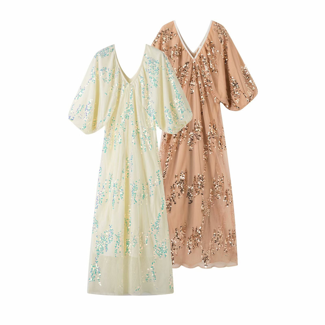 Damen Maxikleid mit voluminösen Puffärmeln und floralem Strassdesign R&B
