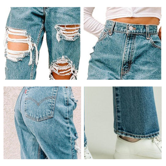 Damen Vintage High-Waist Destroyed Jeans mit fransigen Details R&B