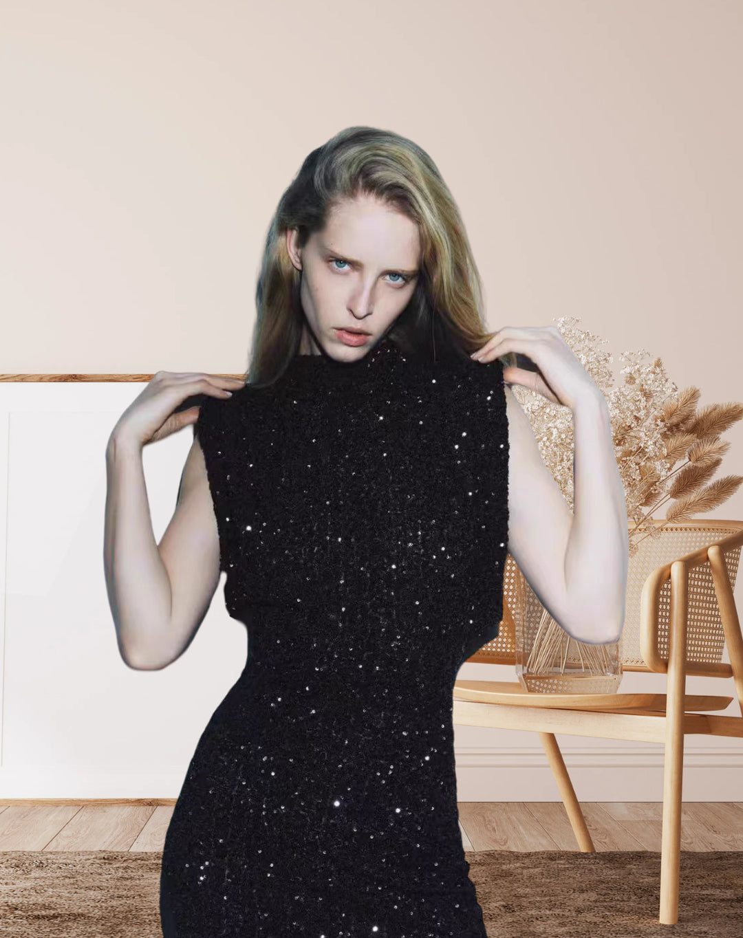 Damen Elegantes Cocktailkleid mit funkelndem Paillettendesign und hochgeschlossenem Stehkragen R&B