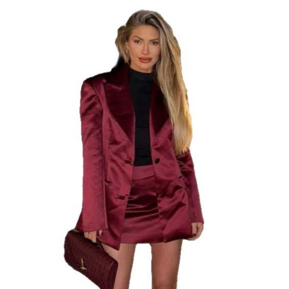 Damen eleganter Satin Blazer mit passendem Minirock R&B