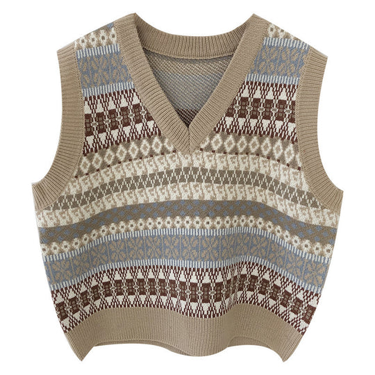 Damen Ärmellose Strickweste mit V-Ausschnitt und Muster R&B