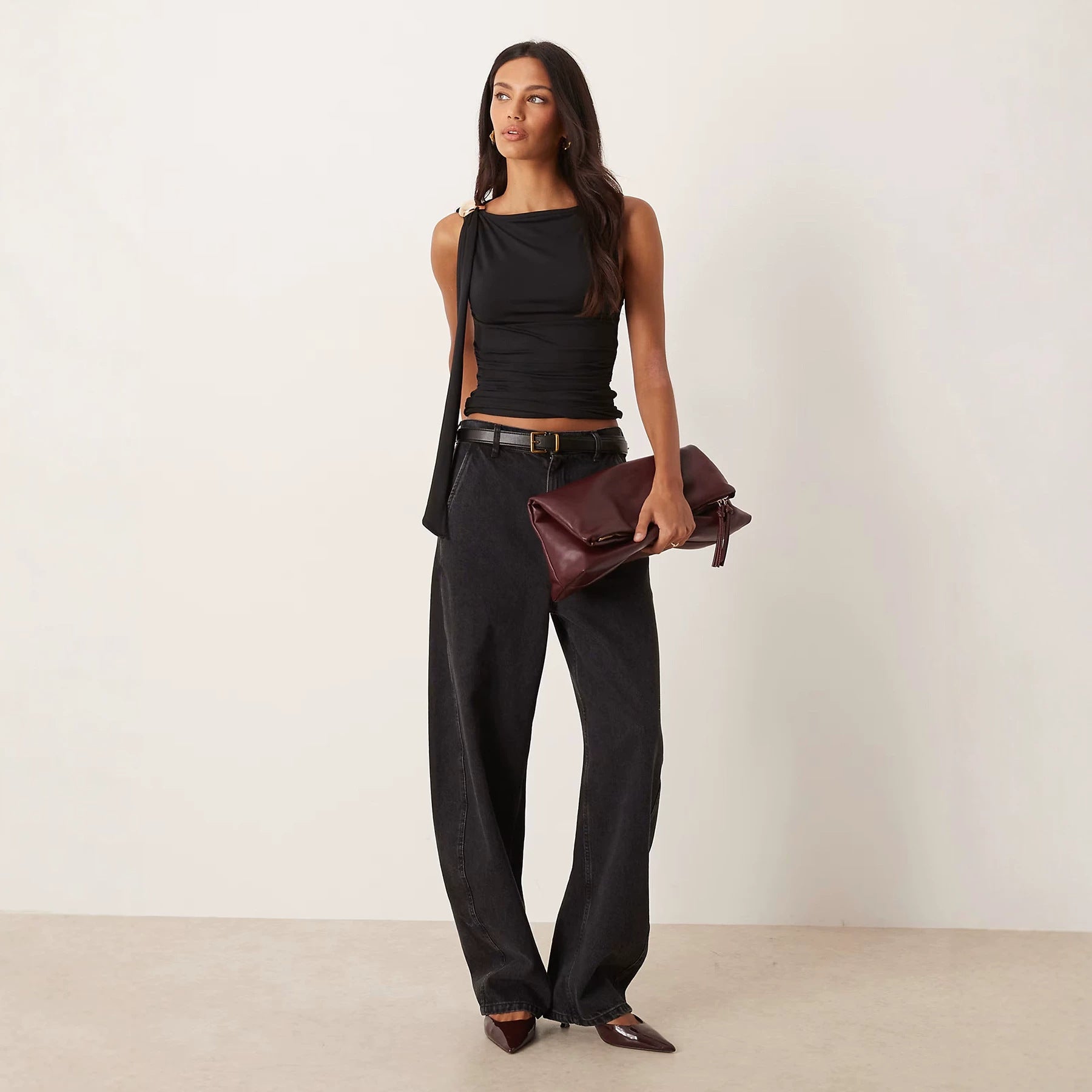 Damen elegantes Raffungskleid mit dekorativem Schulterband R&B