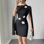 Damen Kleid mit transparenten Ärmeln und floralen Applikationen R&B