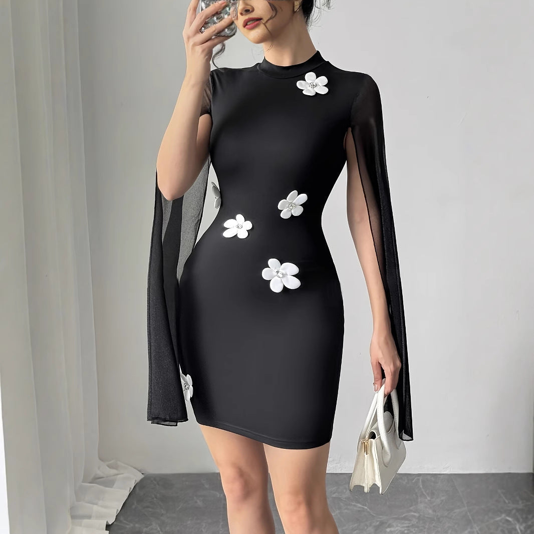 Damen Kleid mit transparenten Ärmeln und floralen Applikationen R&B