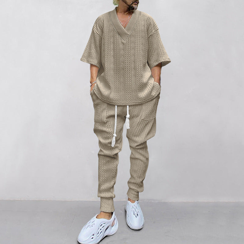 Herren nan lässiges Strickset mit V-Ausschnitt und Kordelzug-Joggerhose R&B