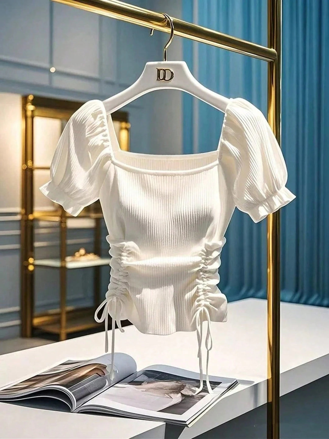 Damen leichtes Ripp-Crop-Top mit verstellbarem Kordelzug R&B