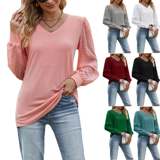 Damen elegantes V-Ausschnitt Oberteil mit Puffärmeln R&B