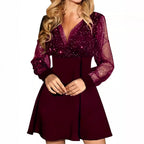 Damen elegantes Kurzarmkleid mit transparenten Ärmeln und funkelndem Detail R&B