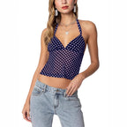Damen luftiges Polka-Dots Oberteil mit tiefem V-Ausschnitt und Trägern R&B