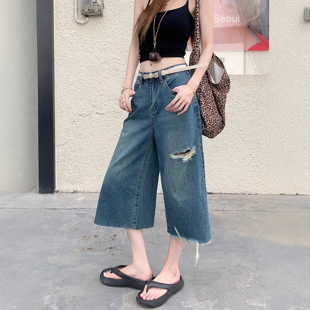 Damen Weite Denim-Hosen mit Rissdetails R&B