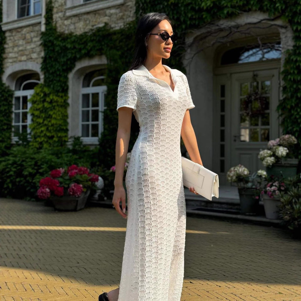 Damen Strickkleid mit raffiniertem Lochmuster und Polo-Kragen R&B