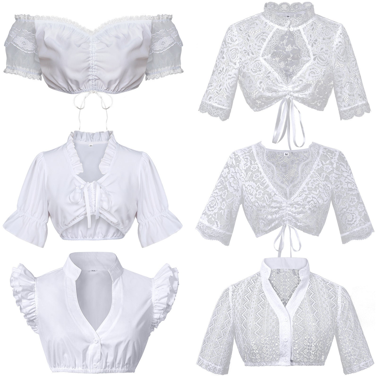Damen nan Spitzenbolero Bluse mit Stehkragen, 3/4 Ärmeln und BindR&Band R&B