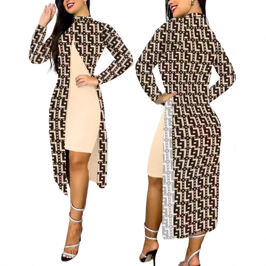 Damen elegantes Maxikleid mit asymmetrischem Schnitt und Grafischem Muster R&B