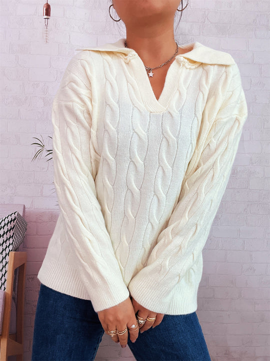 Damen Grobstrickpullover mit farbenfrohem Zopfdesign und klassischem Kragen R&B