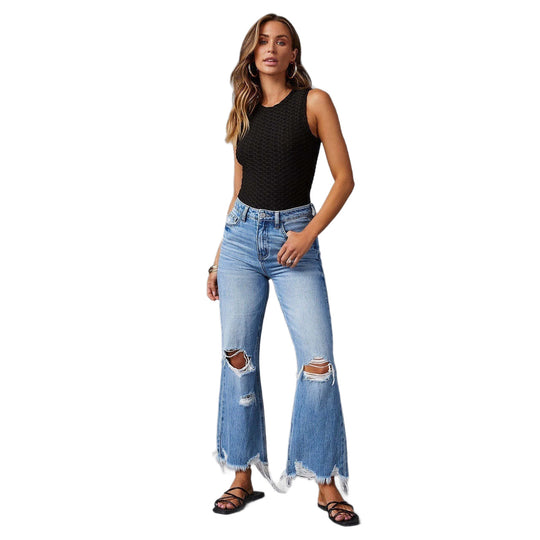 Damen Flared Jeans mit stylischen Rissdetails und ausgefransten Säumen R&B