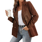 Damen Kunstleder-Blazerjacke mit doppelt gestepptem Kragen und modischem Schnitt R&B