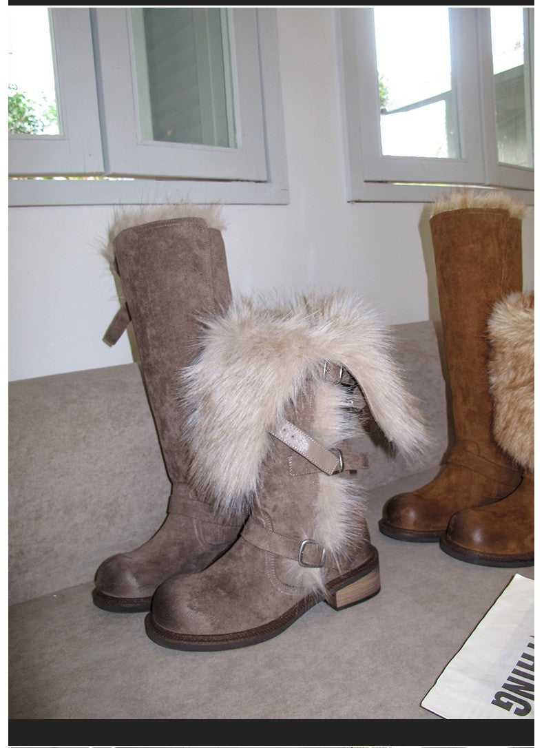Damen elegante Winterstiefel mit modischem Kunstfellrand und praktischen Schnallen R&B