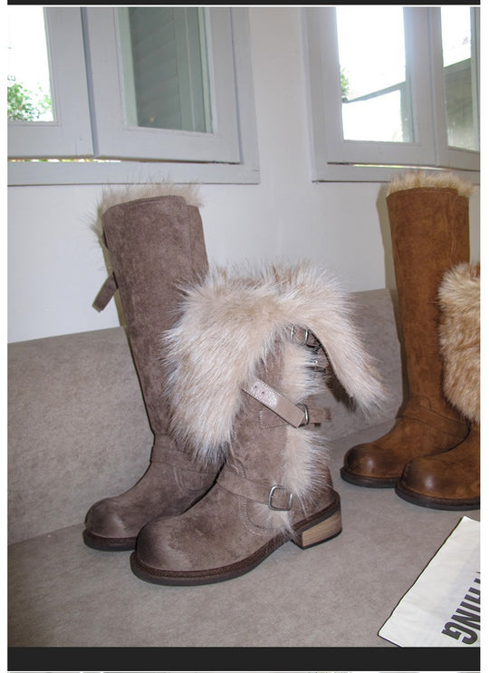 Damen elegante Winterstiefel mit modischem Kunstfellrand und praktischen Schnallen R&B