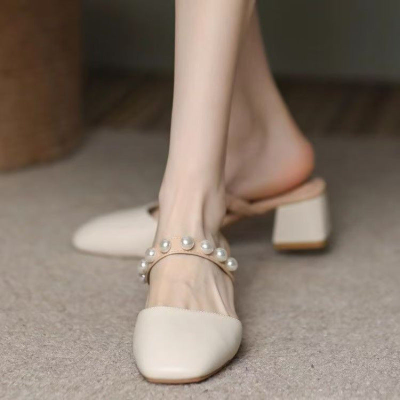 Damen Geschlossene Sandalen mit elegantem Blockabsatz und Perlenapplikationen R&B