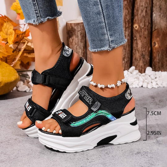 Damen Plateau-Sandalen mit verstellbaren Riemen und modischem Glitzer-Design R&B