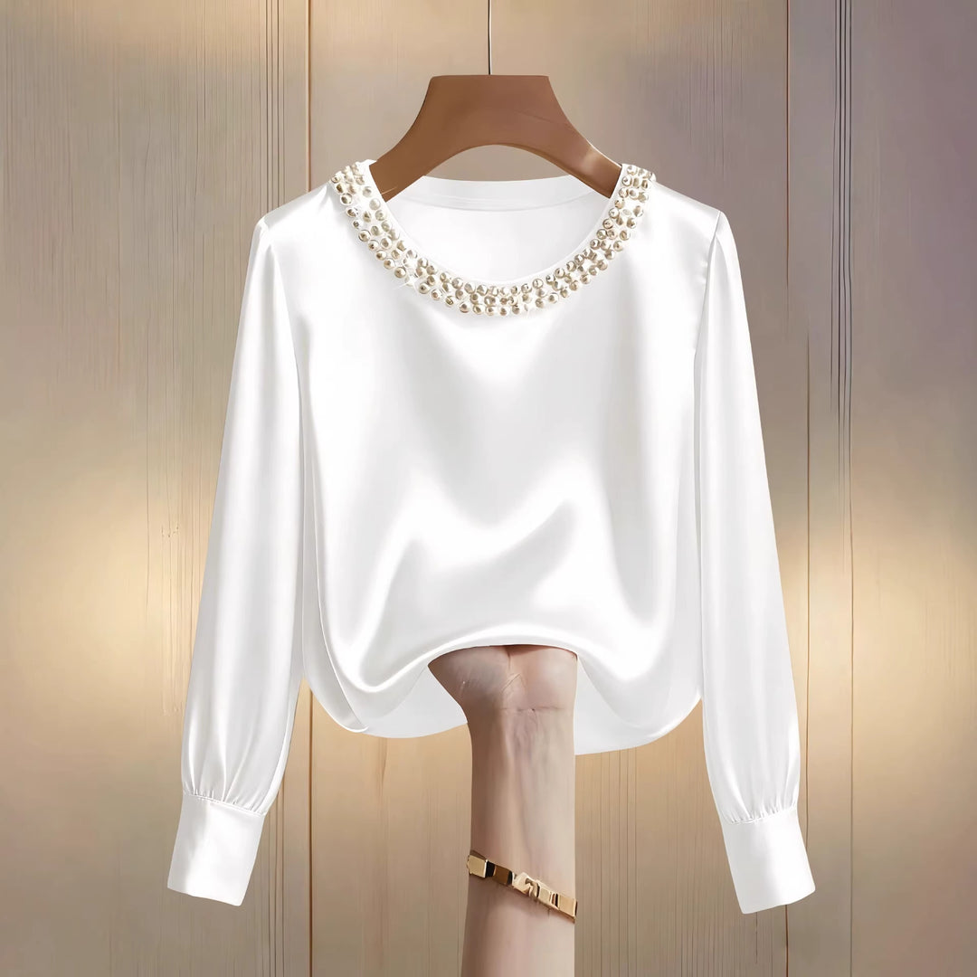 Damen elegante satinierte Bluse mit Perlenkragen R&B
