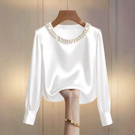 Damen elegante satinierte Bluse mit Perlenkragen R&B