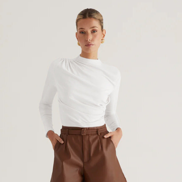 Damen Langarmshirt mit elegantem Wickeldesign und hochgeschlossenem Kragen R&B