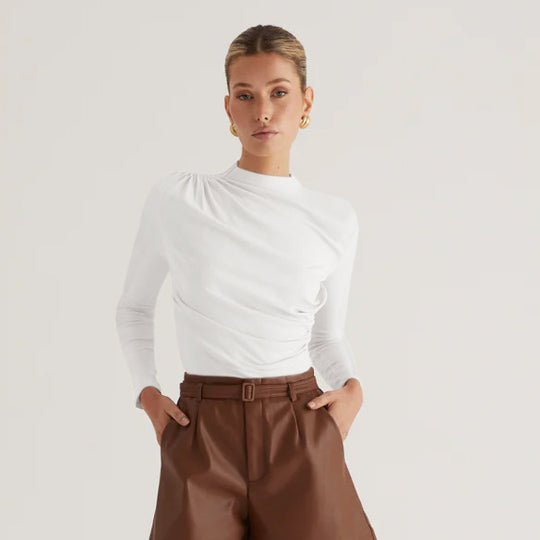 Damen Langarmshirt mit elegantem Wickeldesign und hochgeschlossenem Kragen R&B