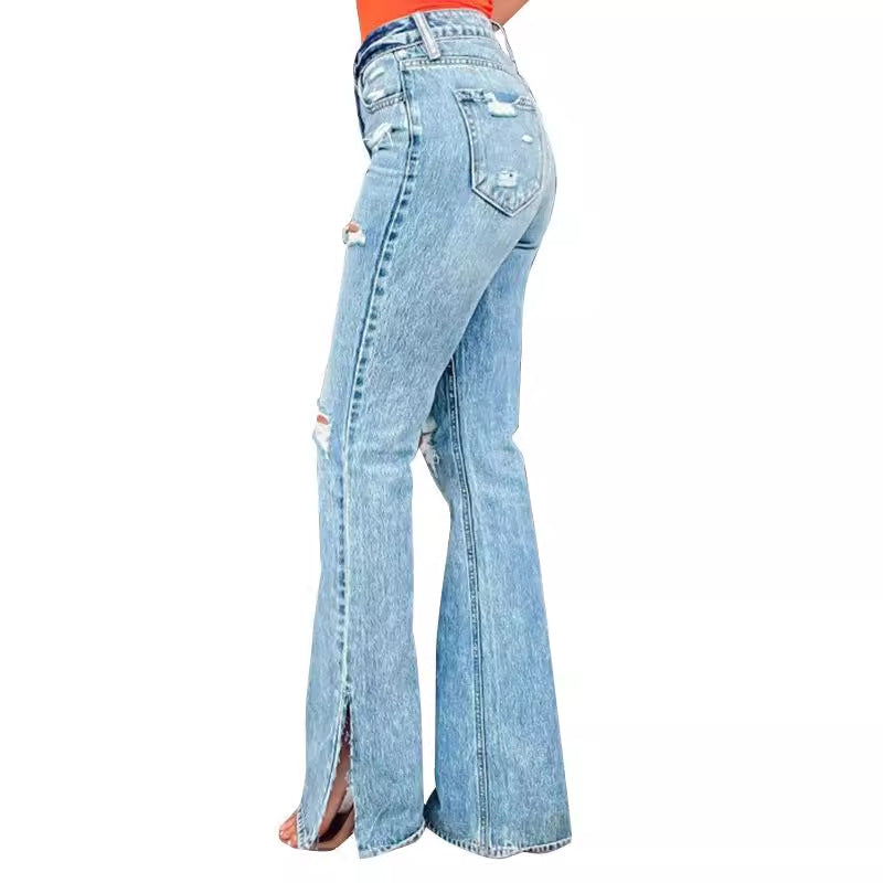 Damen Flared Jeans mit Distressed-Effekten und seitlichen Schlitzen R&B