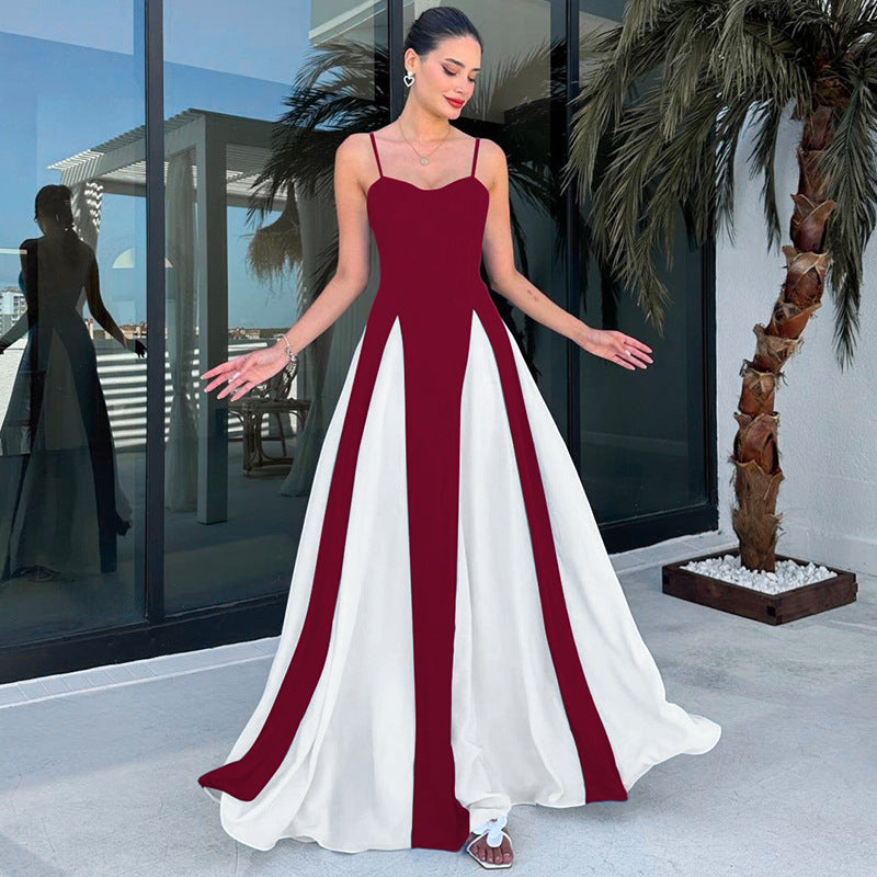 Damen Elegantes Maxikleid mit diagonalen Farbakzenten und schmalen Spaghettiträgern R&B