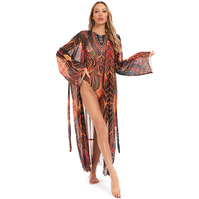 Damen eleganter transparenter Strandkimono mit floralem Design R&B
