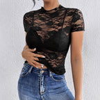 Damen Spitzenoberteil mit hohem Kragen und floralem Design R&B