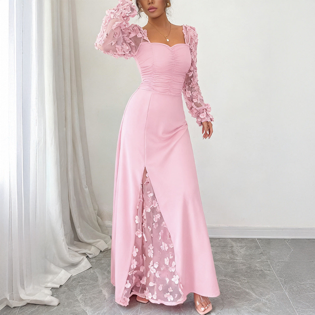 Damen Elegantes Maxikleid mit raffinierten Rüschendetails und transparenter Unterlage R&B