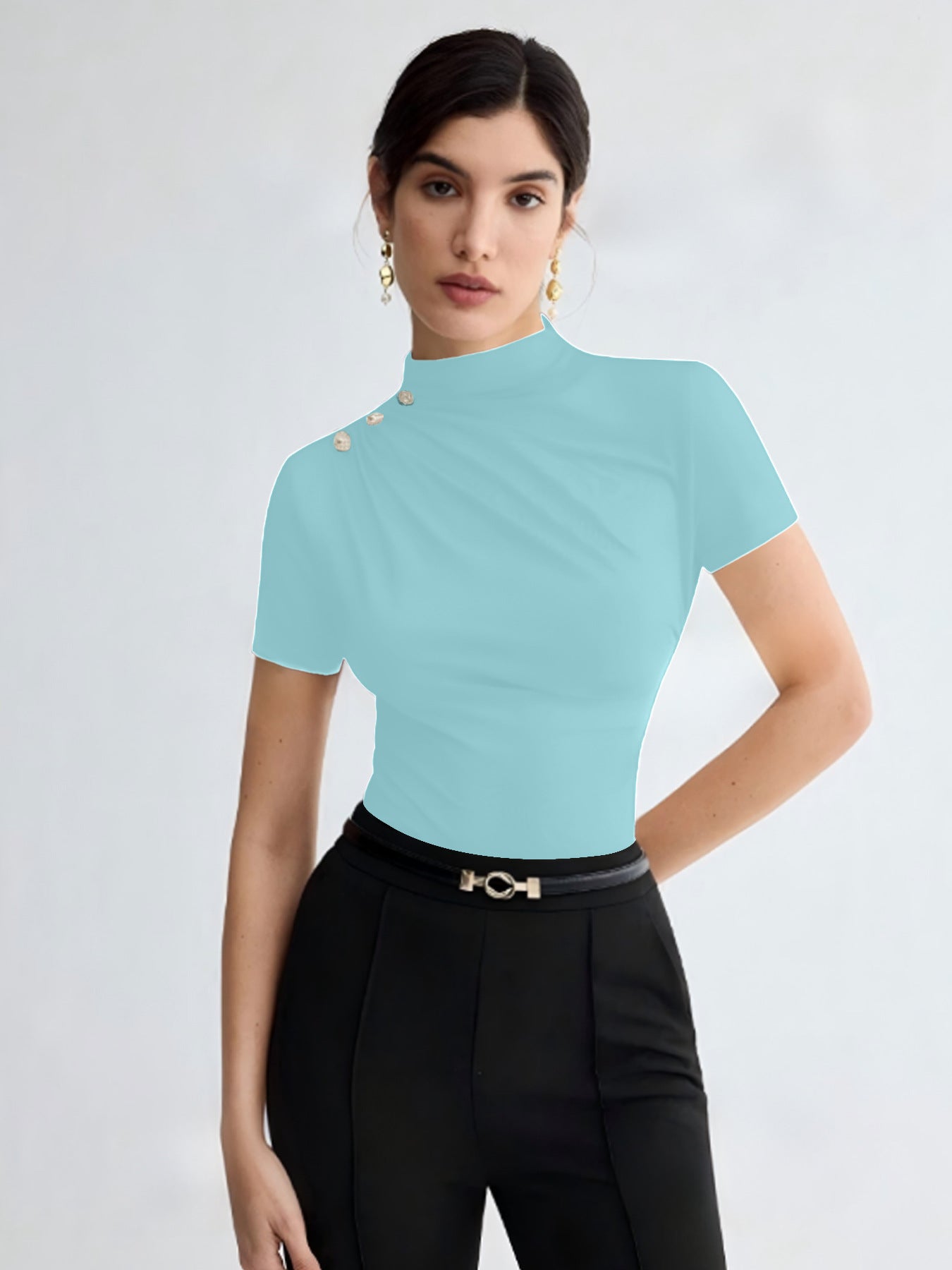 Damen elegantes Oberteil mit dekorativen Knopfdetails und modernem Stehkragen R&B