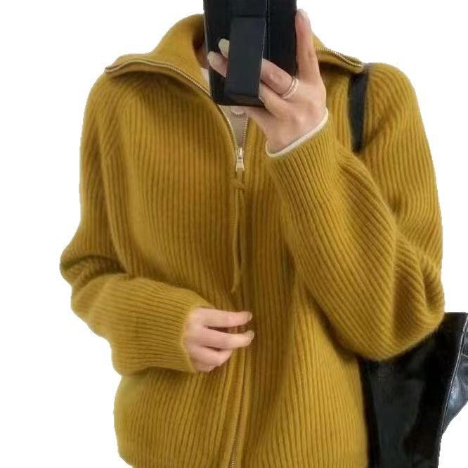 Damen Strickjacke mit hohem Kragen und durchgehendem Reißverschluss R&B