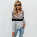 Damen V-Ausschnitt Sweatshirt mit Leopardenmuster und Kontrastband R&B