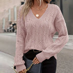 Damen Strickpullover mit V-Ausschnitt und Zopfmuster R&B