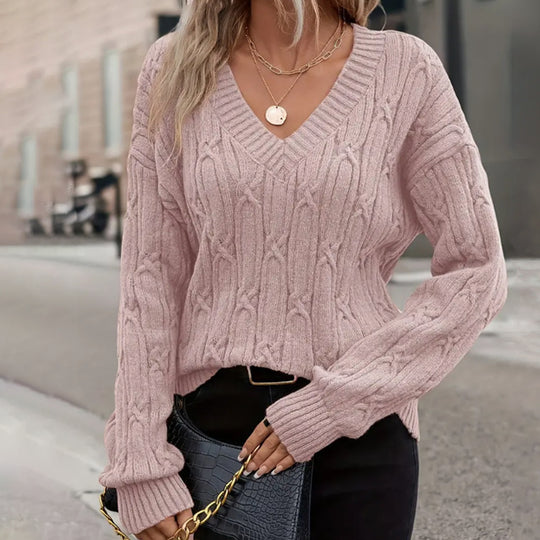 Damen Strickpullover mit V-Ausschnitt und Zopfmuster R&B