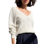 Damen eleganter V-Ausschnitt Pullover mit feiner Rippenstruktur und überschnittenen Schultern R&B