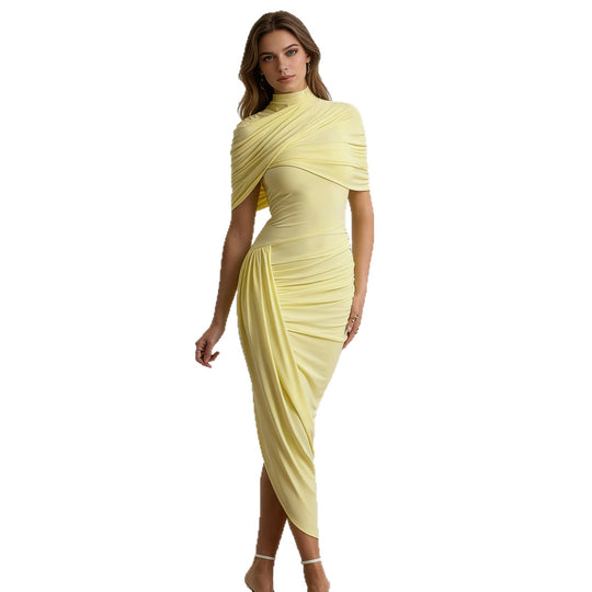 Damen Elegantes Drapiertes Maxikleid mit hohem Kragen und seitlichem Schlitz R&B