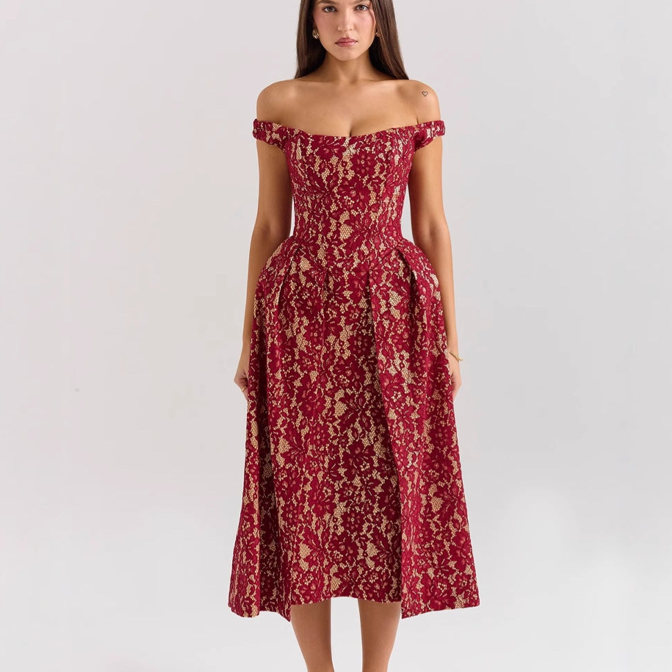 Damen Spitzenkleid mit schulterfreiem Design und elegantem Rock R&B
