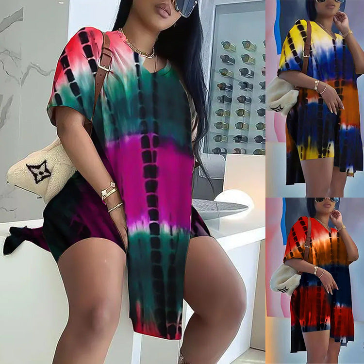 Damen lässiges Summer-Tunika Kleid mit trendy Batik-Design und weitem Schnitt R&B