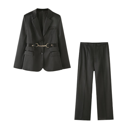 Damen elegantes Satin-Blazer-Set mit Kettenakzent R&B