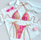 Damen Triangel-Bikini mit verspieltem Blumendesign und unterschiedlichen Bindungsträgern