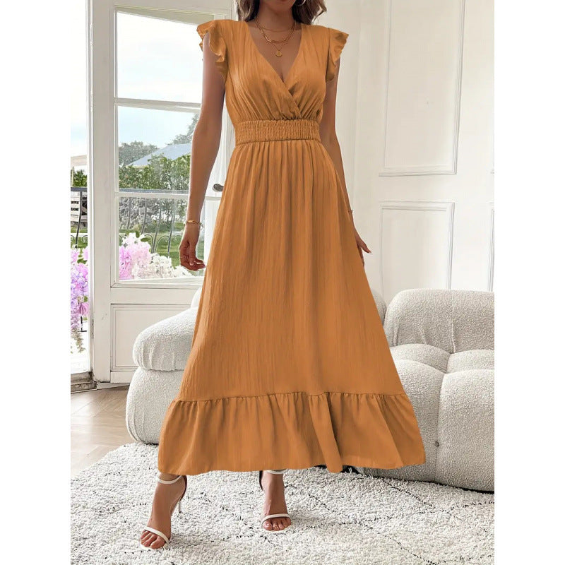 Damen Maxikleid mit voluminösen Rüschenärmel und elegantem Bund R&B